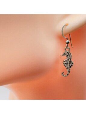 Sterling Silver Seahorse Dangle Earrings 925 Hook Drop Lightweight Beach Ocean
